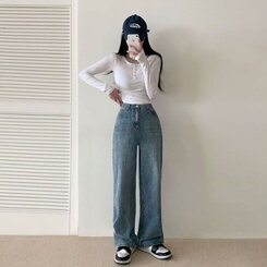 パンツ ハイウエストルーズフィットワイドデニムパンツ5色(SHORT/BASIC/LONG) LIGHT BLUE