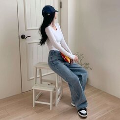 パンツ ハイウエストルーズフィットワイドデニムパンツ5色(SHORT/BASIC/LONG) LIGHT BLUE