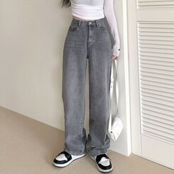 パンツ ハイウエストルーズフィットワイドデニムパンツ5色(SHORT/BASIC/LONG) GRAY