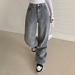 パンツ ハイウエストルーズフィットワイドデニムパンツ5色(SHORT/BASIC/LONG) GRAY