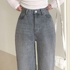 パンツ ハイウエストルーズフィットワイドデニムパンツ5色(SHORT/BASIC/LONG) GRAY