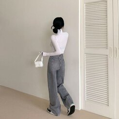 パンツ ハイウエストルーズフィットワイドデニムパンツ5色(SHORT/BASIC/LONG) GRAY