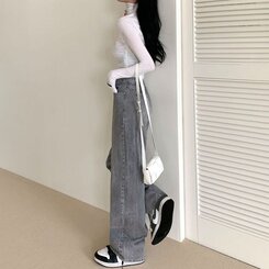 パンツ ハイウエストルーズフィットワイドデニムパンツ5色(SHORT/BASIC/LONG) GRAY
