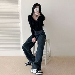 パンツ ハイウエストルーズフィットワイドデニムパンツ5色(SHORT/BASIC/LONG) MEDIUM BLUE