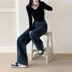 パンツ ハイウエストルーズフィットワイドデニムパンツ5色(SHORT/BASIC/LONG) MEDIUM BLUE
