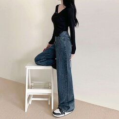 パンツ ハイウエストルーズフィットワイドデニムパンツ5色(SHORT/BASIC/LONG) MEDIUM BLUE