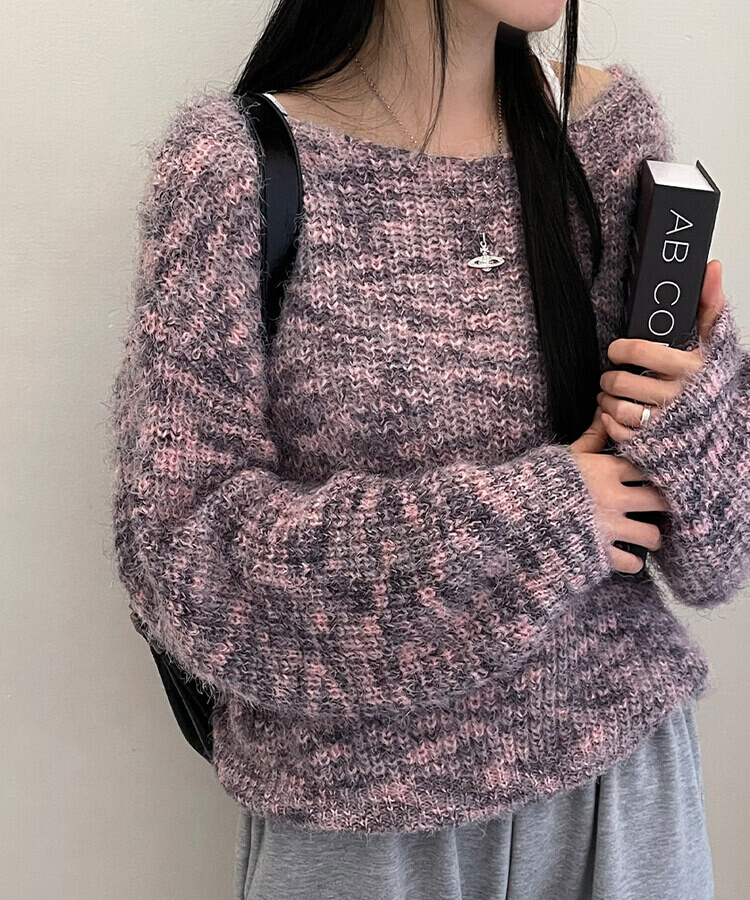 オフショルルーズフィットニット6色 ピンク