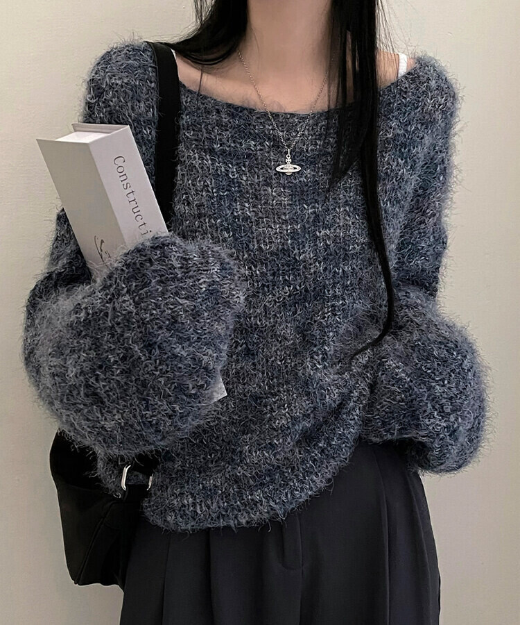 オフショルルーズフィットニット6色 ブルー