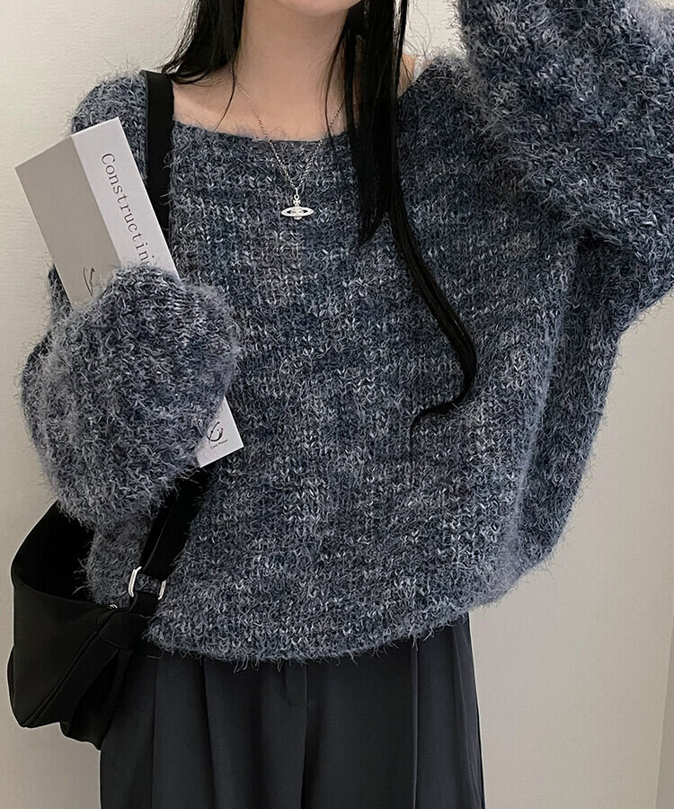 オフショルルーズフィットニット6色 ブルー