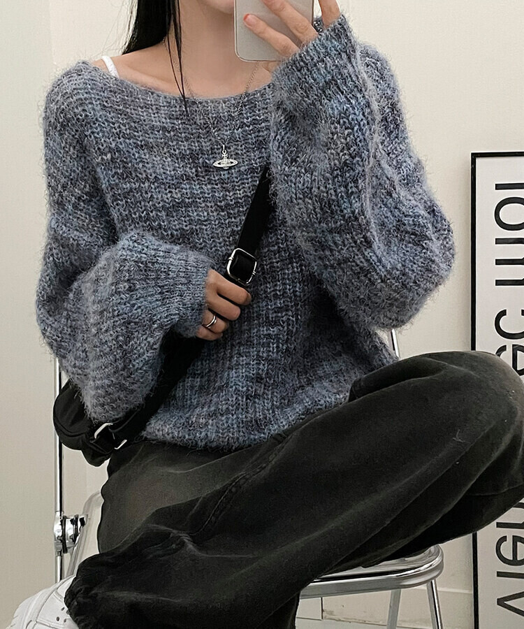 オフショルルーズフィットニット6色 スカイブルー