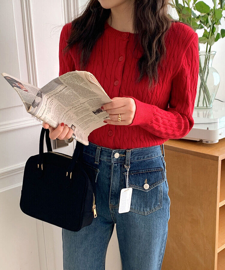 ラウンドネックケーブルニットカーディガン5色 RED