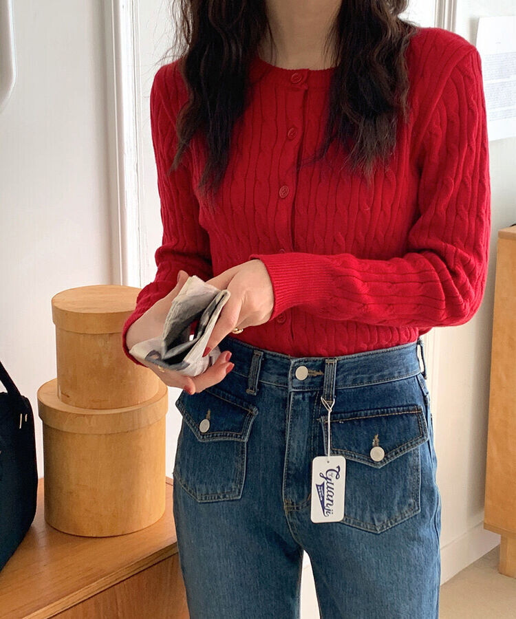ラウンドネックケーブルニットカーディガン5色 RED