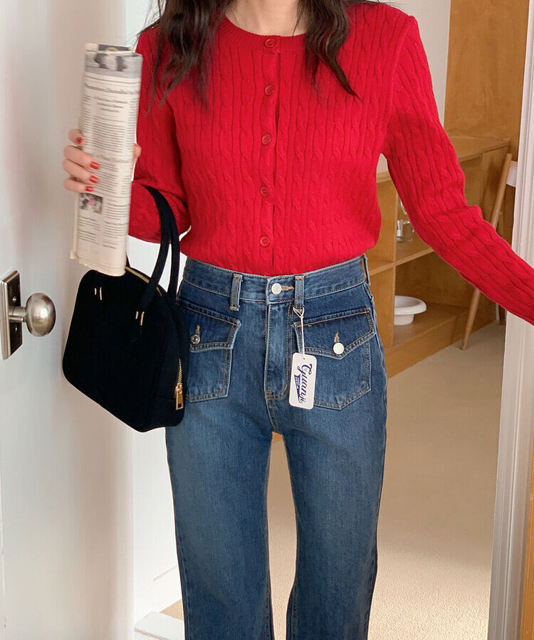 ラウンドネックケーブルニットカーディガン5色 RED