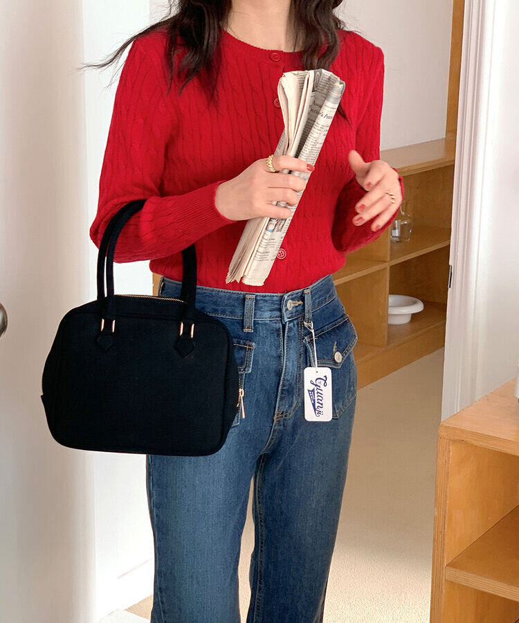 ラウンドネックケーブルニットカーディガン5色 RED