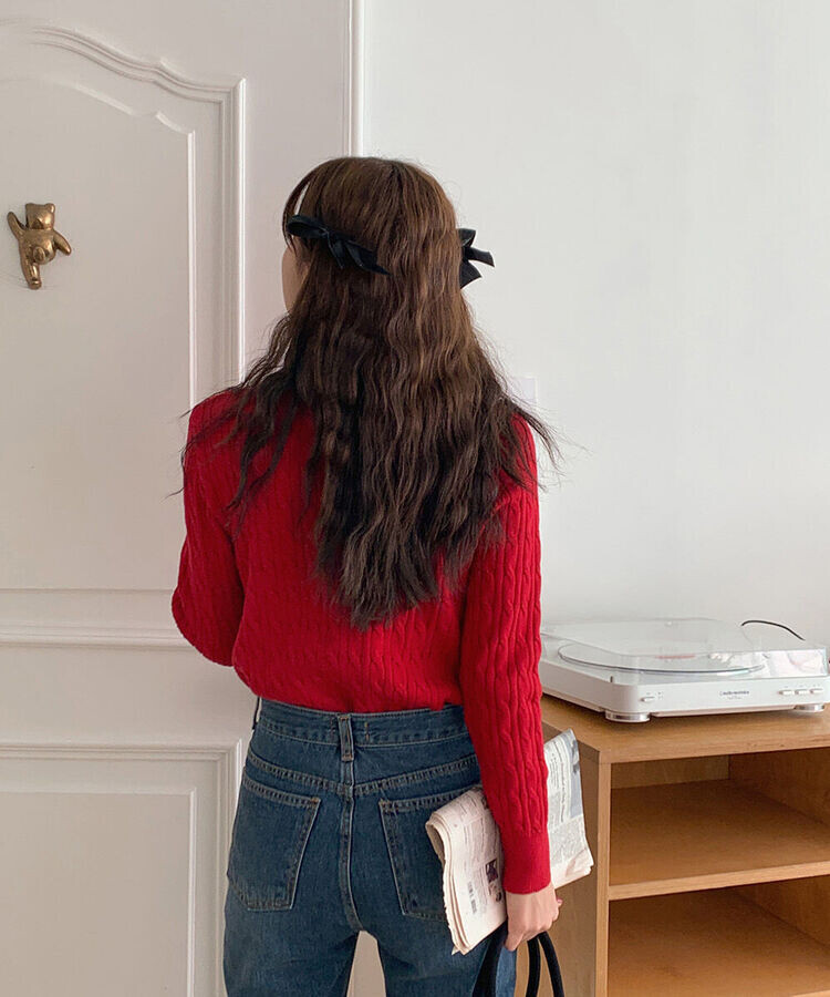 ラウンドネックケーブルニットカーディガン5色 RED