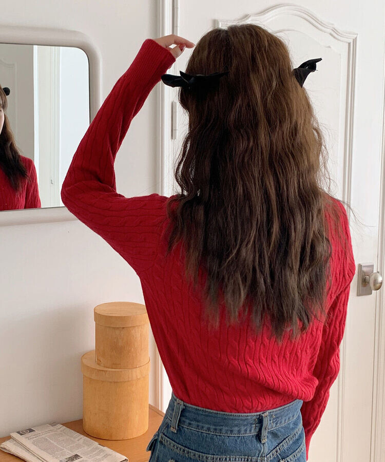 ラウンドネックケーブルニットカーディガン5色 RED