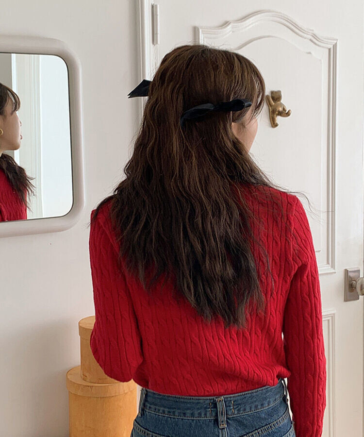 ラウンドネックケーブルニットカーディガン5色 RED