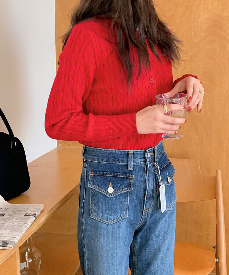 ラウンドネックケーブルニットカーディガン5色 RED