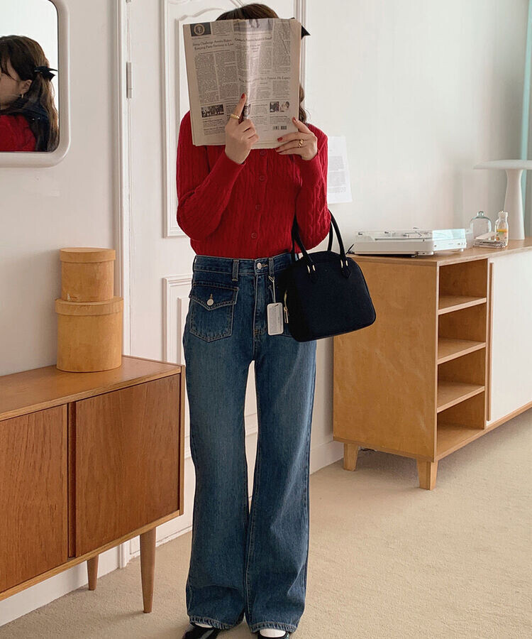 ラウンドネックケーブルニットカーディガン5色 RED