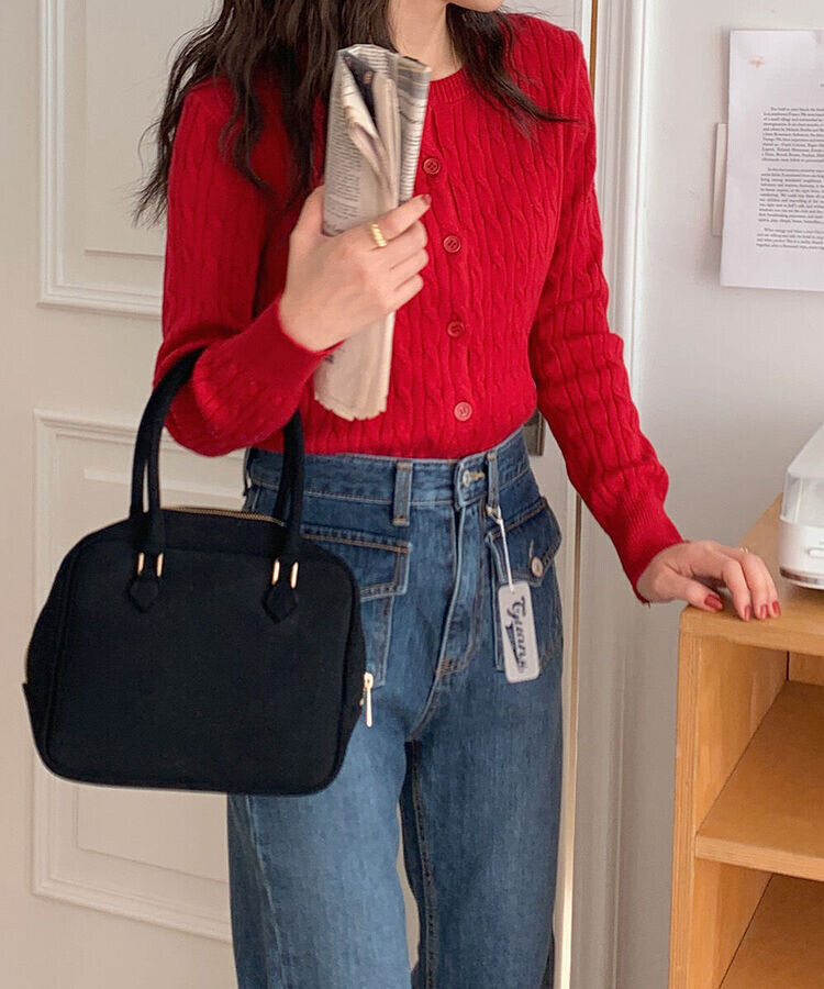 ラウンドネックケーブルニットカーディガン5色 RED