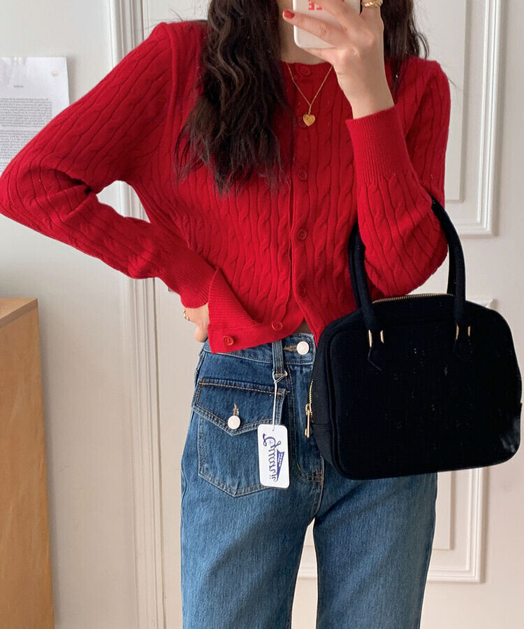 ラウンドネックケーブルニットカーディガン5色 RED