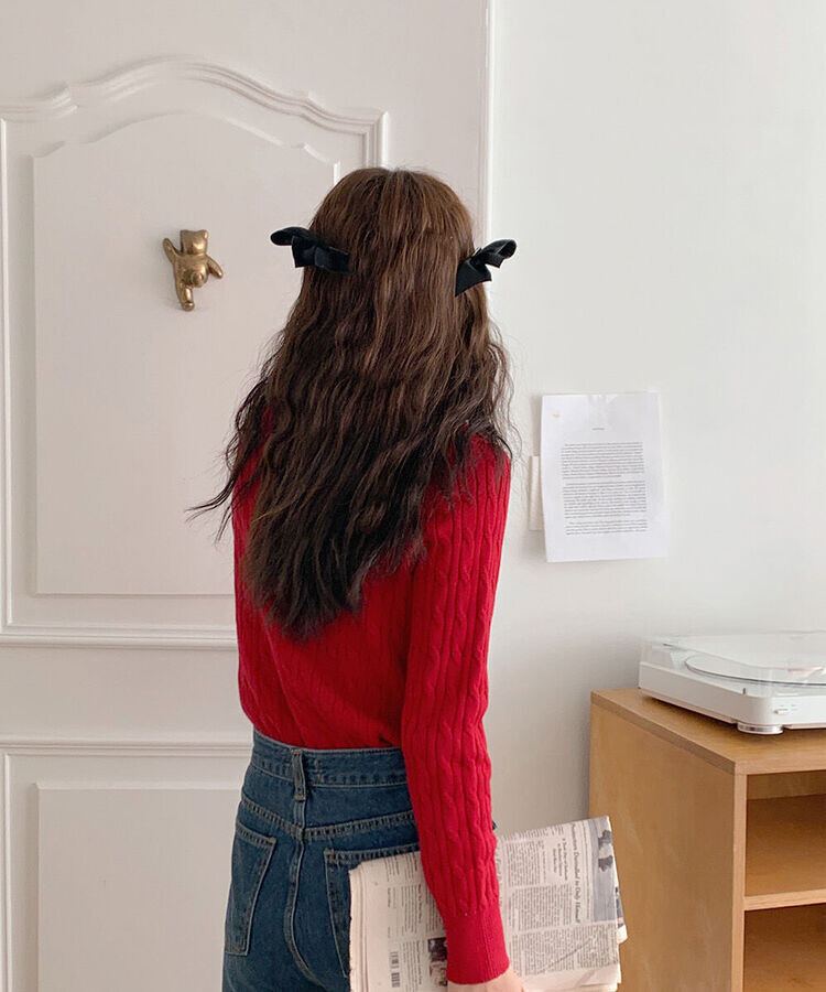 ラウンドネックケーブルニットカーディガン5色 RED