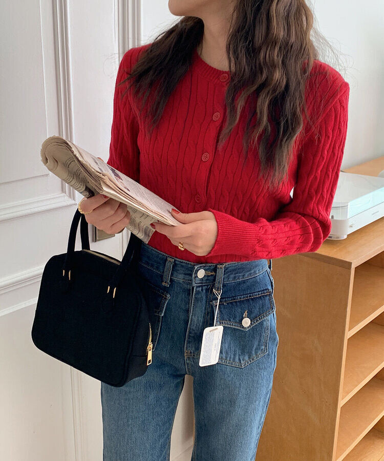 ラウンドネックケーブルニットカーディガン5色 RED