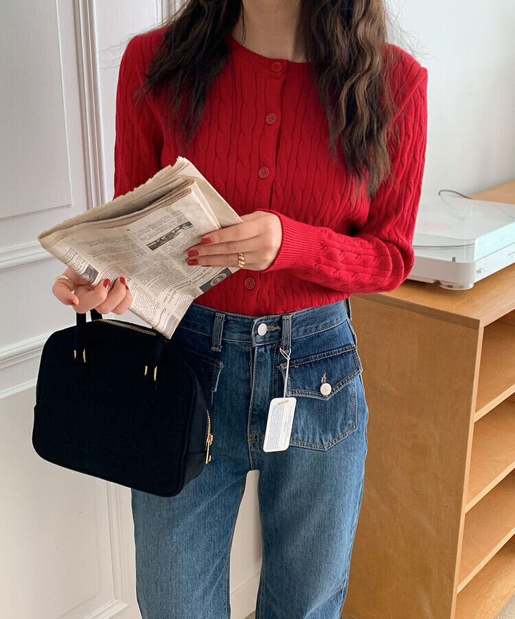 ラウンドネックケーブルニットカーディガン5色 RED