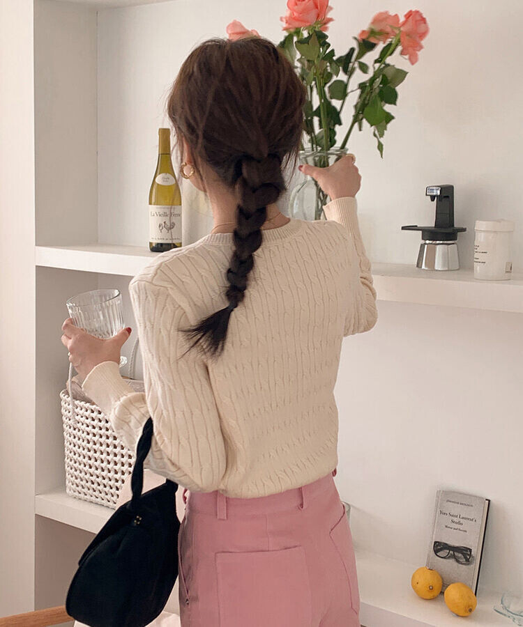 ラウンドネックケーブルニットカーディガン5色 CREAM