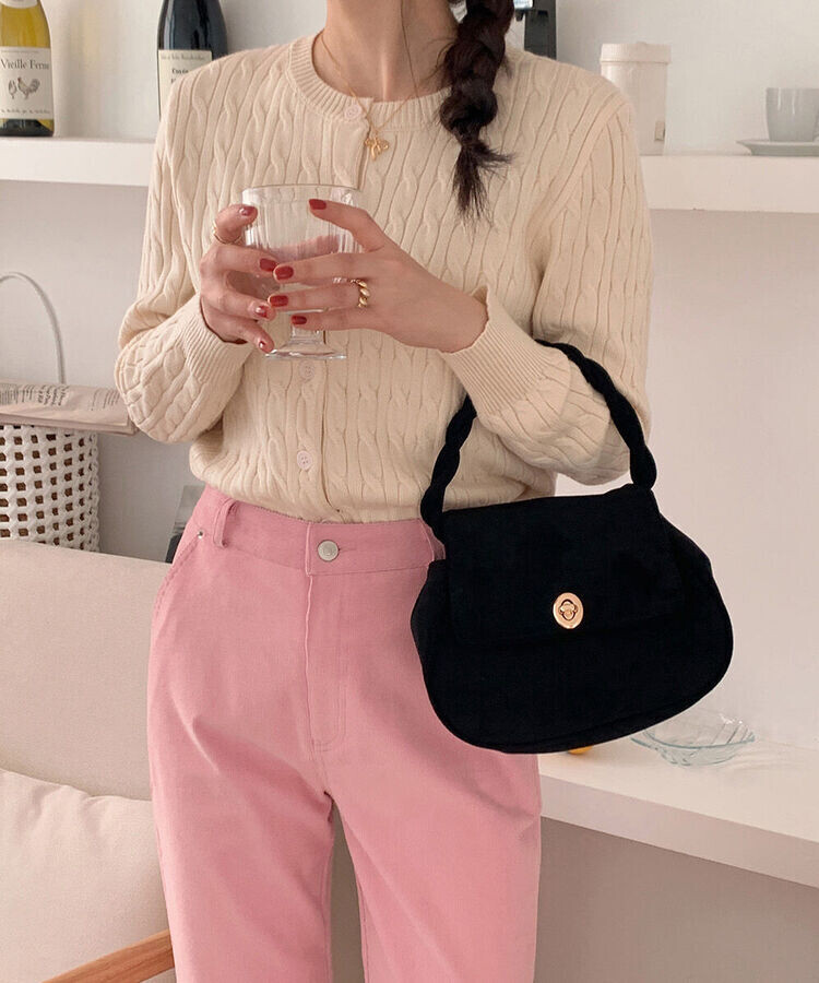 ラウンドネックケーブルニットカーディガン5色 CREAM