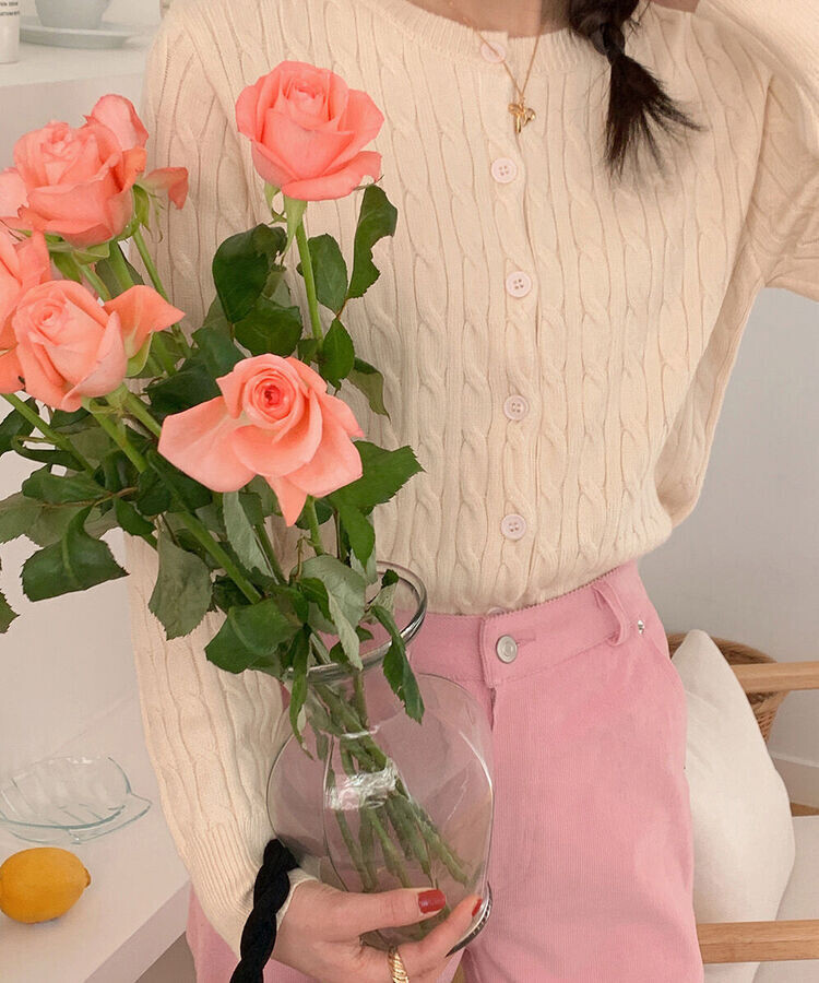 ラウンドネックケーブルニットカーディガン5色 CREAM