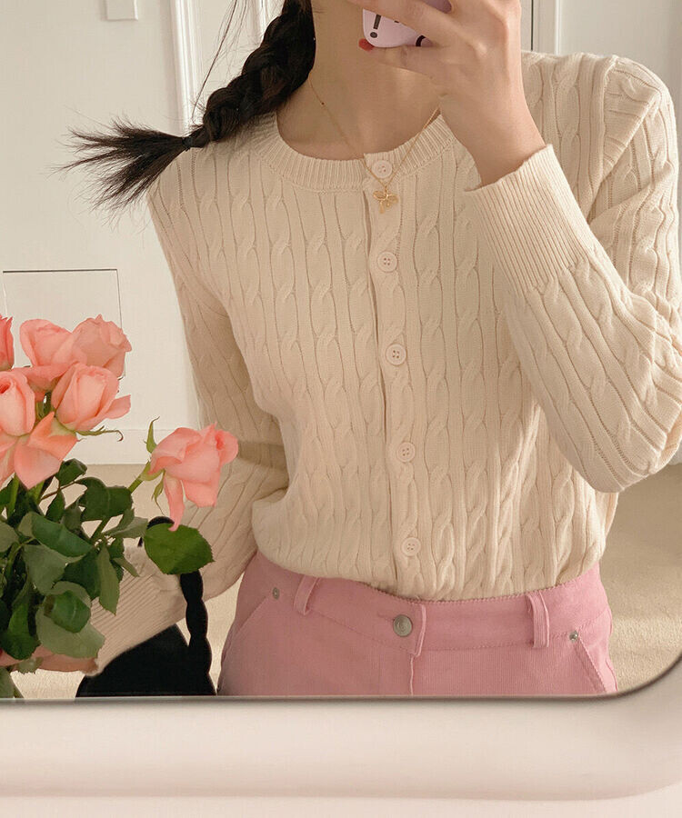 ラウンドネックケーブルニットカーディガン5色 CREAM