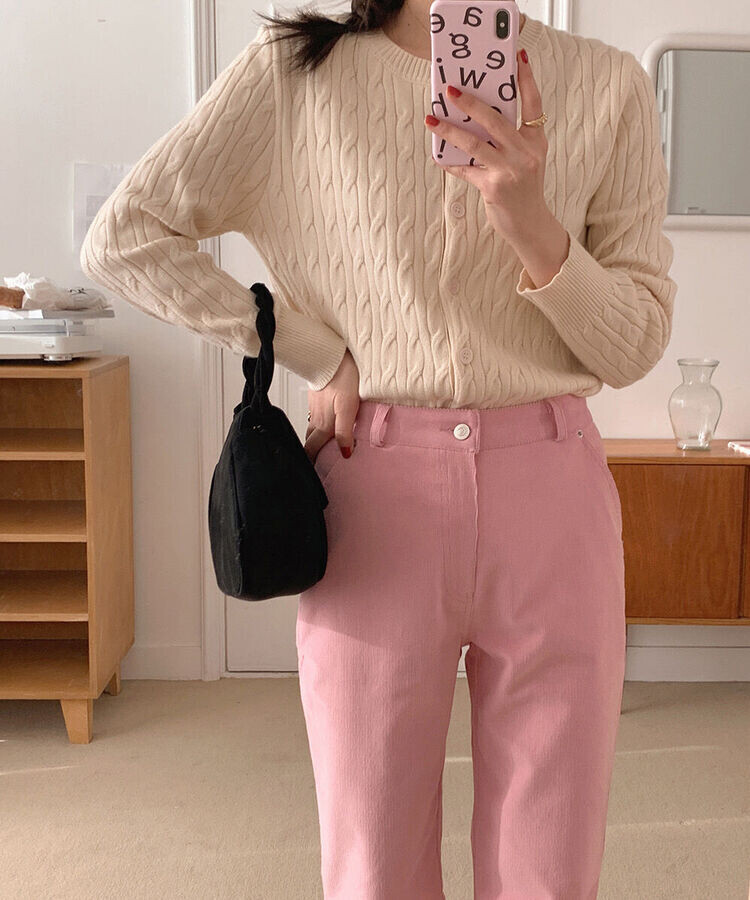 ラウンドネックケーブルニットカーディガン5色 CREAM