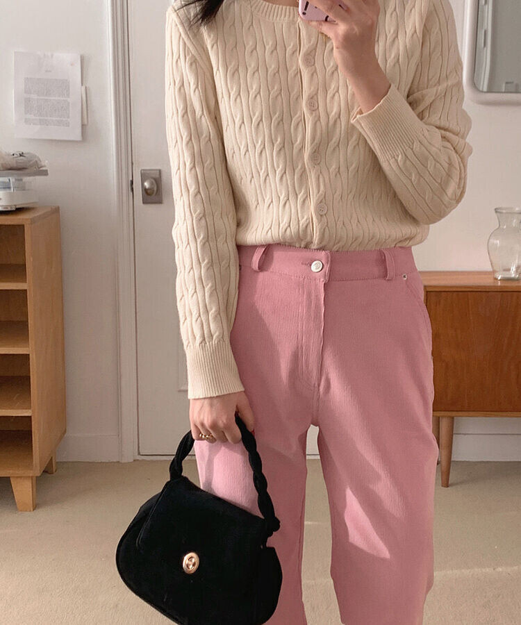 ラウンドネックケーブルニットカーディガン5色 CREAM