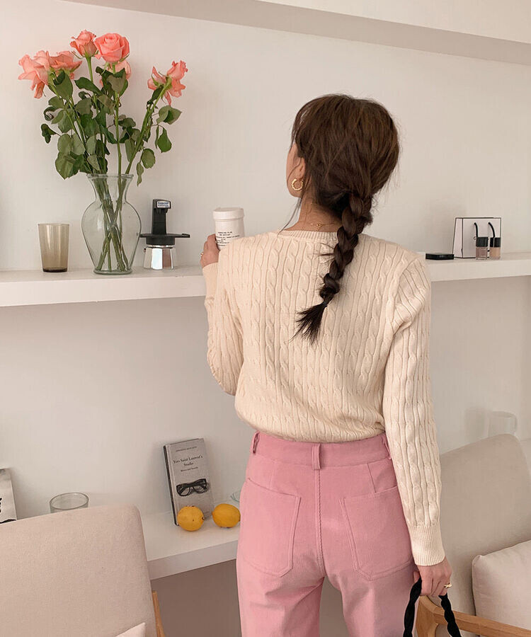 ラウンドネックケーブルニットカーディガン5色 CREAM