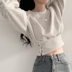 ユニークボタンラウンドクロップ長袖Tシャツ オートミール