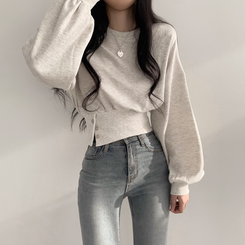 ユニークボタンラウンドクロップ長袖Tシャツ オートミール