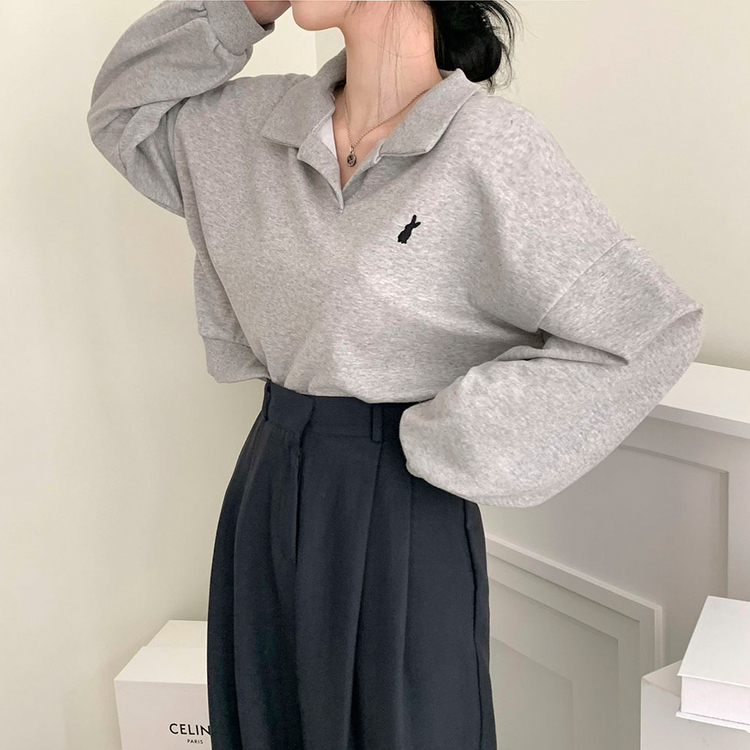 スウェット バニー刺繡オープンカラークロップトレーナー グレー