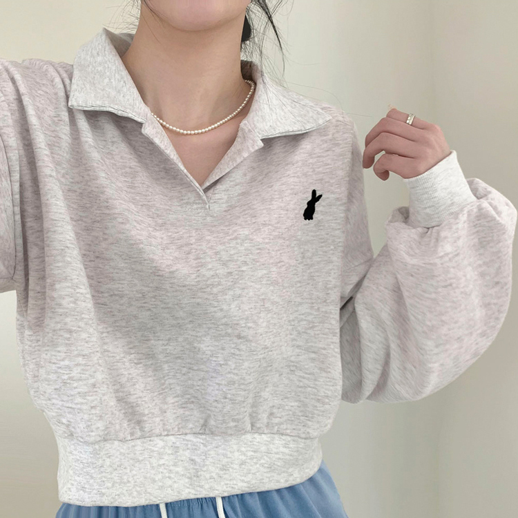スウェット バニー刺繡オープンカラークロップトレーナー ホワイトメランジ