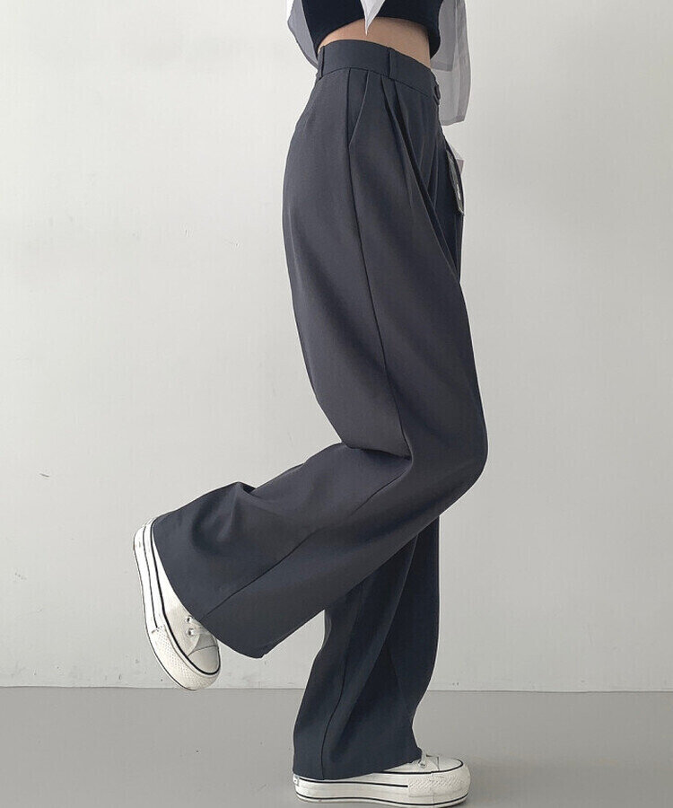 가로버튼 안단추 핀턱 롱와이드 슬랙스팬츠 그레이