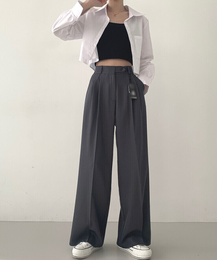 가로버튼 안단추 핀턱 롱와이드 슬랙스팬츠 그레이