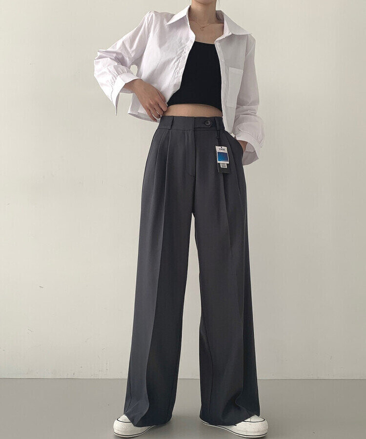 가로버튼 안단추 핀턱 롱와이드 슬랙스팬츠 그레이
