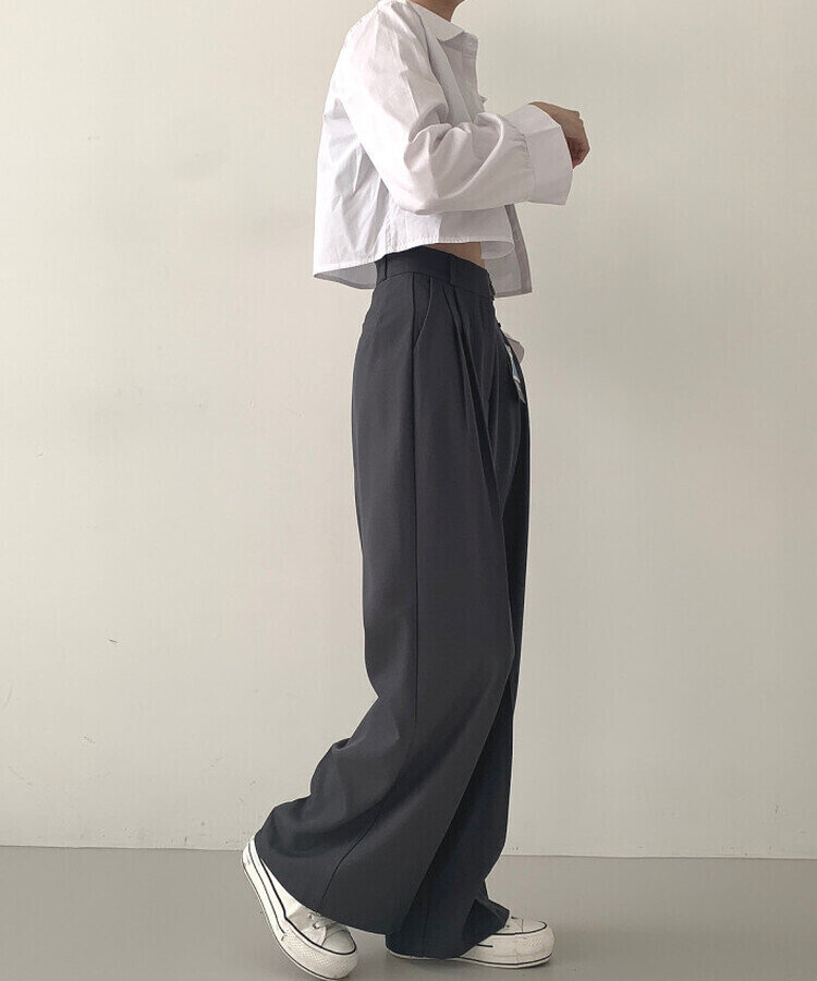 가로버튼 안단추 핀턱 롱와이드 슬랙스팬츠 그레이