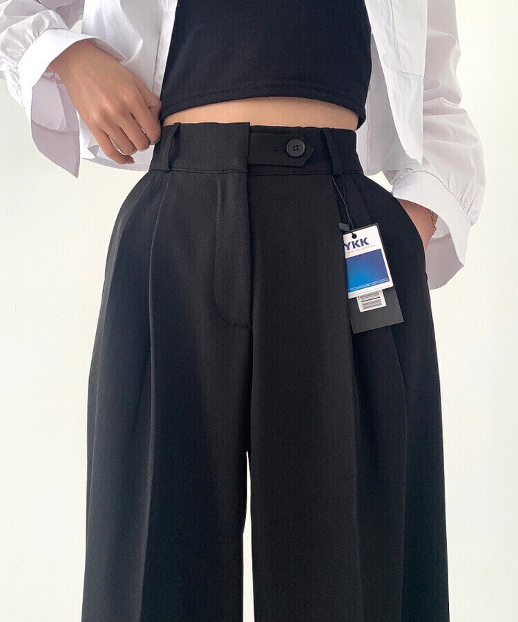가로버튼 안단추 핀턱 롱와이드 슬랙스팬츠 블랙