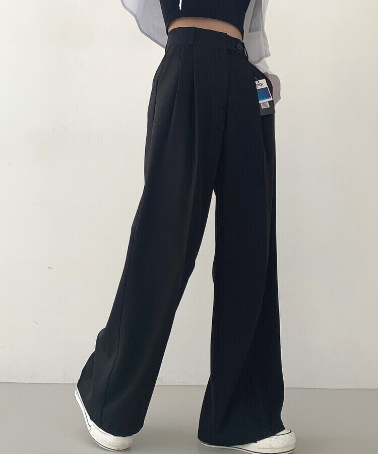 가로버튼 안단추 핀턱 롱와이드 슬랙스팬츠 블랙