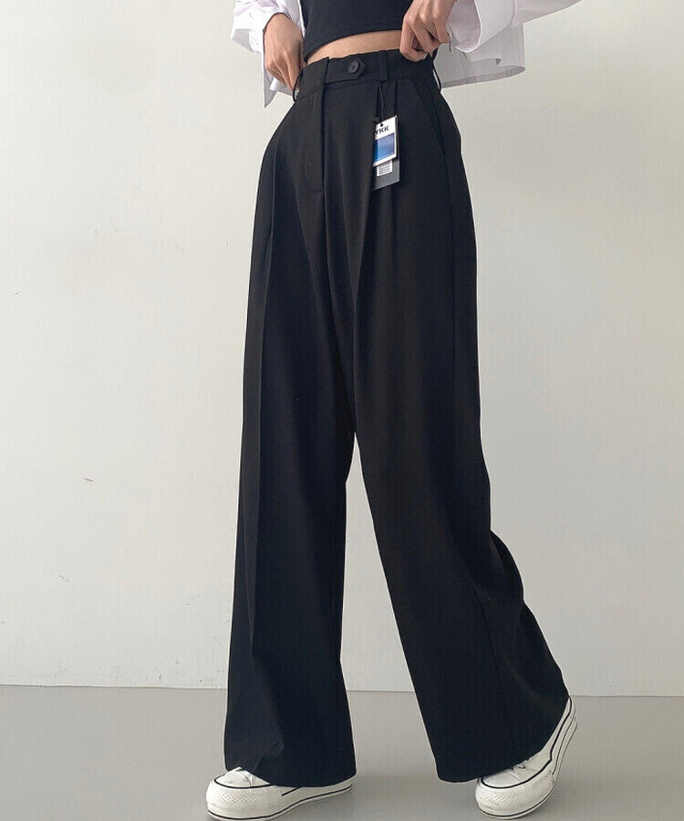 가로버튼 안단추 핀턱 롱와이드 슬랙스팬츠 블랙