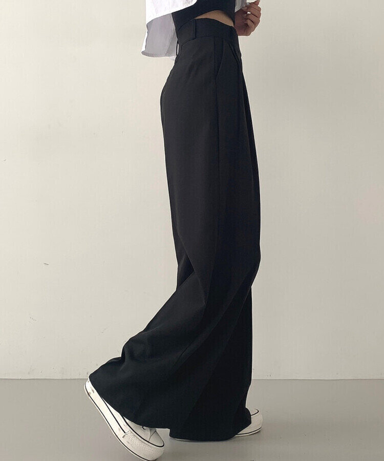 가로버튼 안단추 핀턱 롱와이드 슬랙스팬츠 블랙