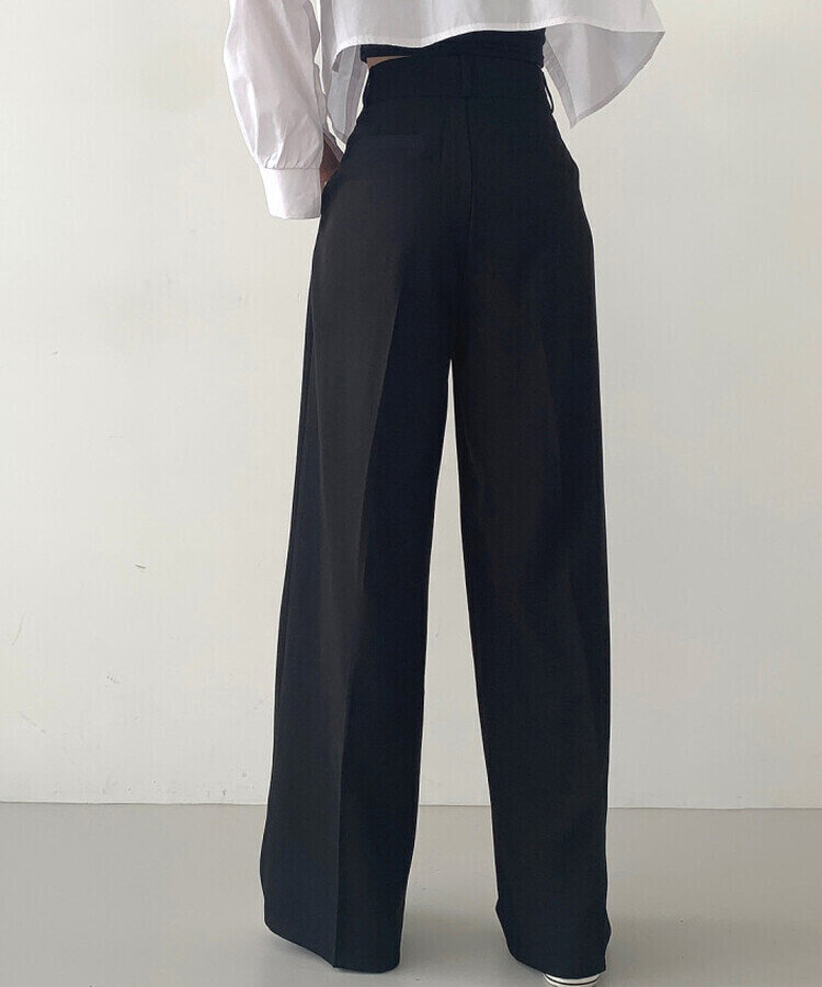 가로버튼 안단추 핀턱 롱와이드 슬랙스팬츠 블랙