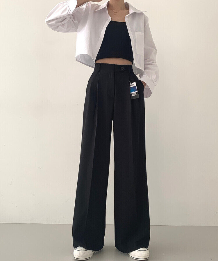 가로버튼 안단추 핀턱 롱와이드 슬랙스팬츠 블랙