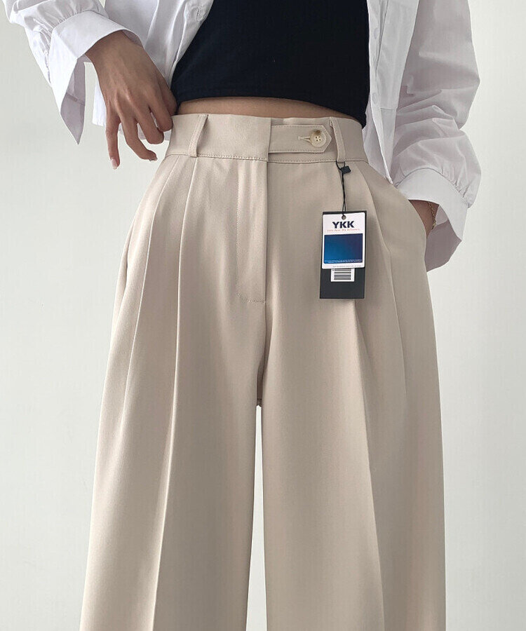 가로버튼 안단추 핀턱 롱와이드 슬랙스팬츠 베이지